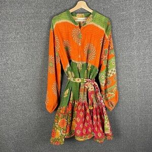 Kantha Bae Boho Hippie Reversible Long Puff Sleeve Button Down Ruffle Dress OS